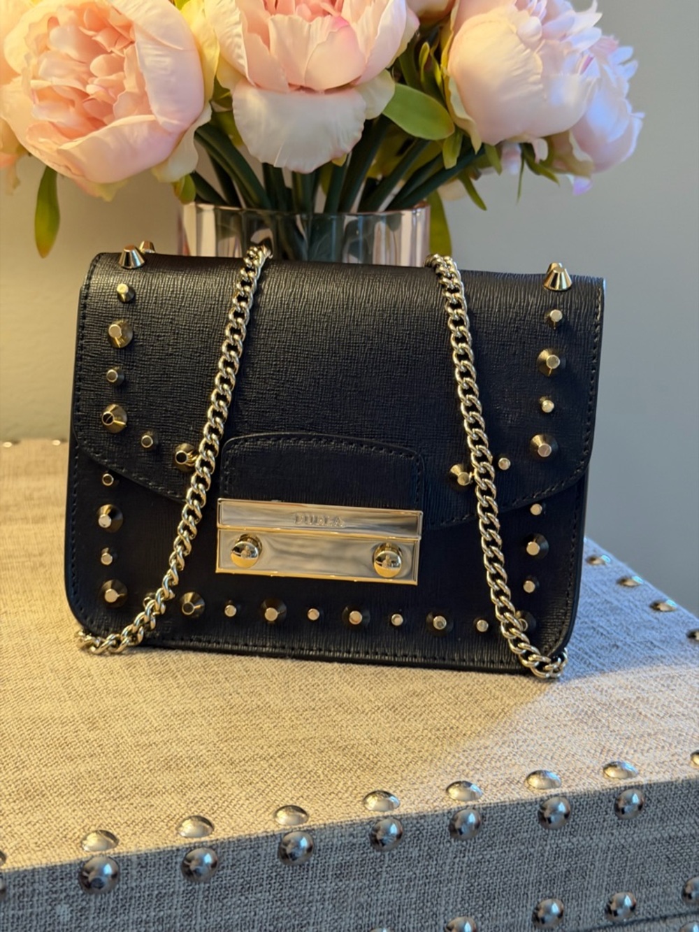 Like new Furla Black Leather Studded Chain Shoulder Bag with Goldtone Hardware
